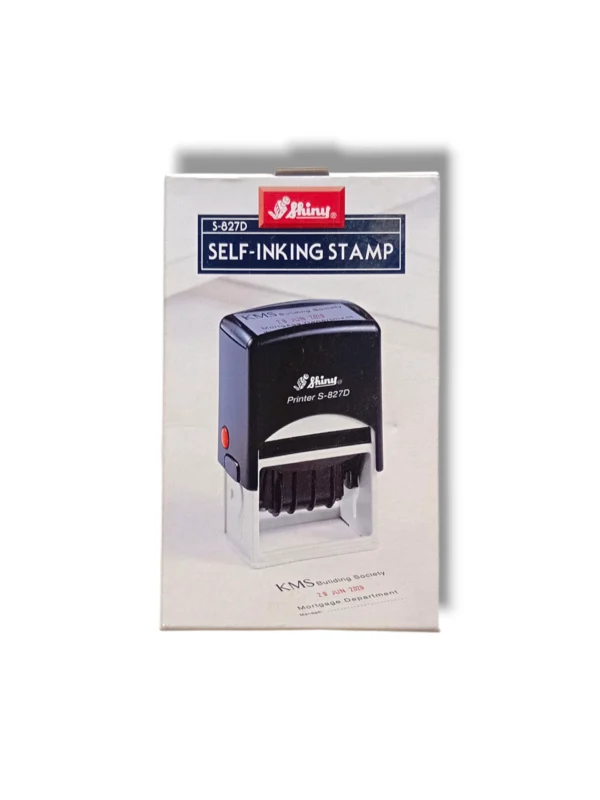 Shiny Self Inking Stamp S-827D – Adjustable Date & Text Stamp Shiny Self Inking Stamp S-827D front view adjustable date stamp