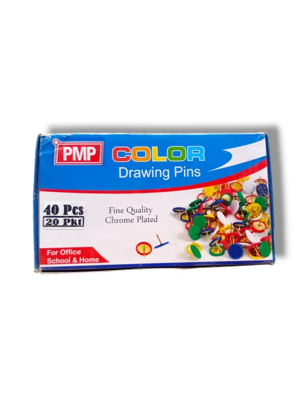 PMP Color Drawing Pins securing photos on cork board