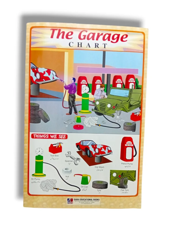 The Garage Chart with colorful illustrations of vehicles and tools