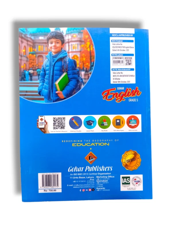 Inside pages of Gohar English 5 showing exercises and reading passages