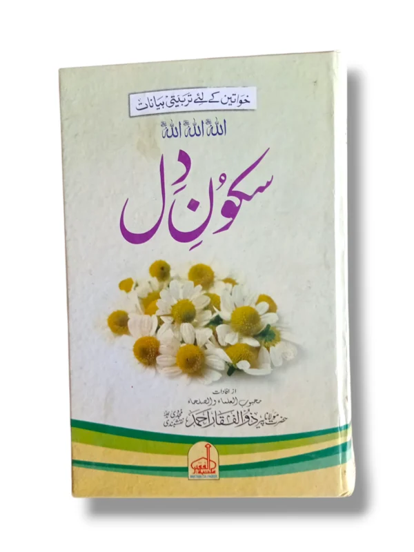 Cover of the romantic Urdu novel "Sakoon Dil: A Heart Finds Peace" displayed on a bookshelf.