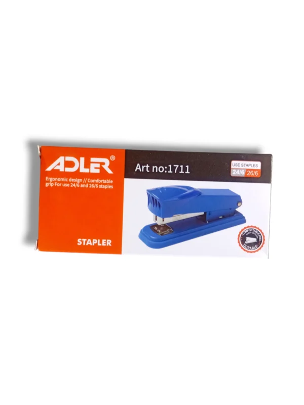 Adler 1711 heavy-duty stapler in use on a stack of papers.