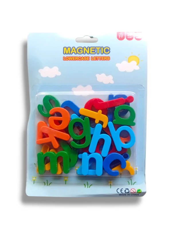 Magnetic lowercase letters for early literacy and spelling practice.