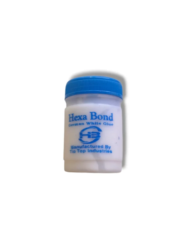 Hexa Bond German White Glue bottle and craft materials.